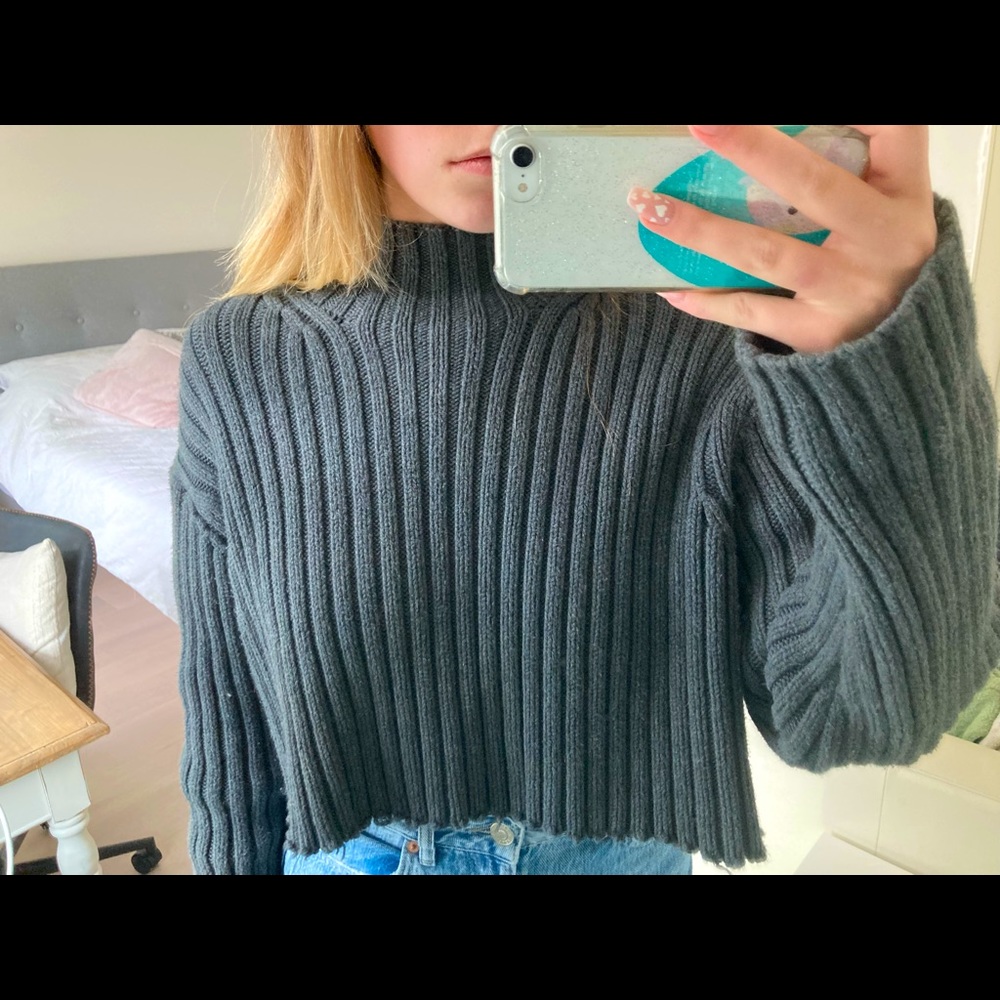 Cropped Deep Turquoise Grey Knit Turtleneck